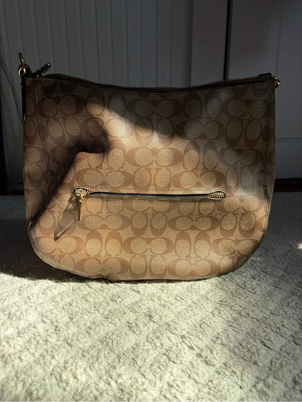 Coach Signature Shoulder Bag in Khaki/Chalk with Brown Trim
